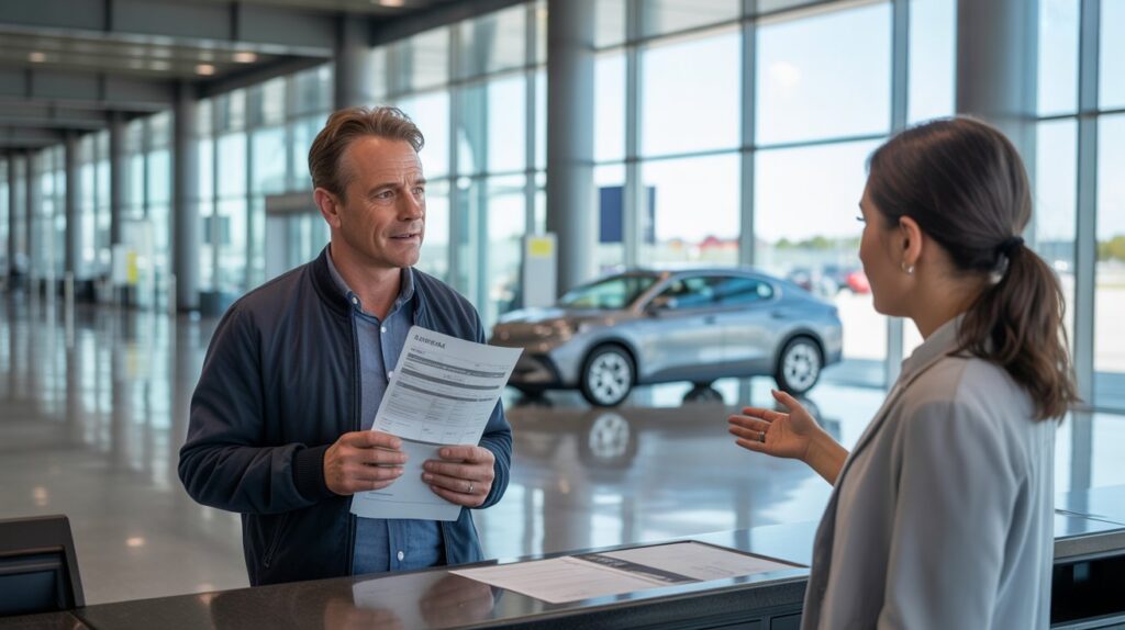 A man and woman engaged in conversation at a car dealership, discussing vehicle options and features.