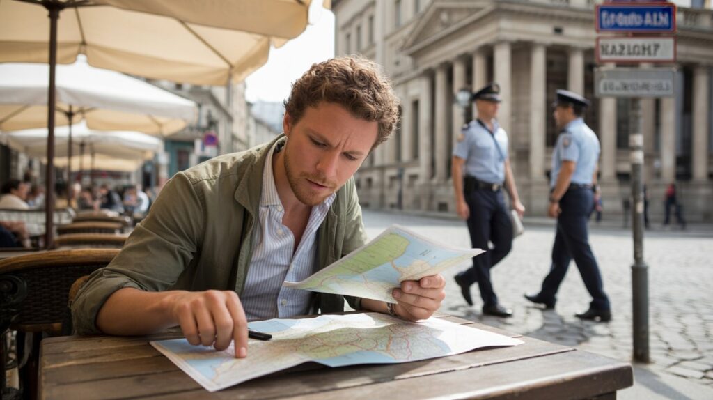 Why Understanding Local Legal Systems Matters When Traveling A man sits at an outdoor café table, intently studying a map. Two policemen walk in the background on a sunny day, conveying a sense of exploration and alertness.