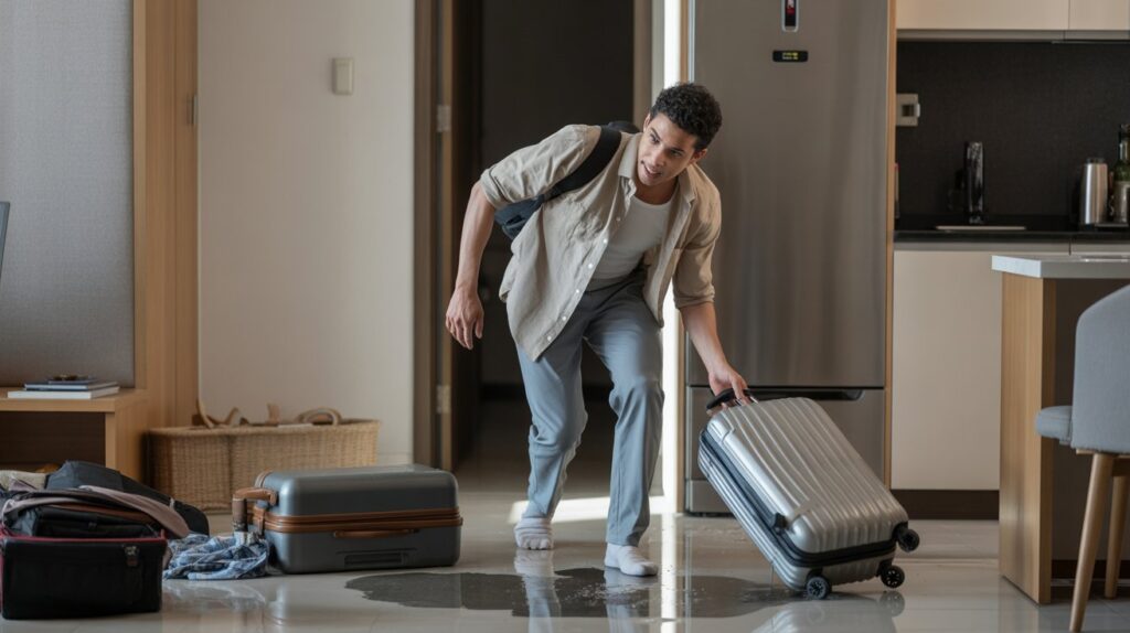 A man pulling a suitcase through a room, indicating travel or departure.