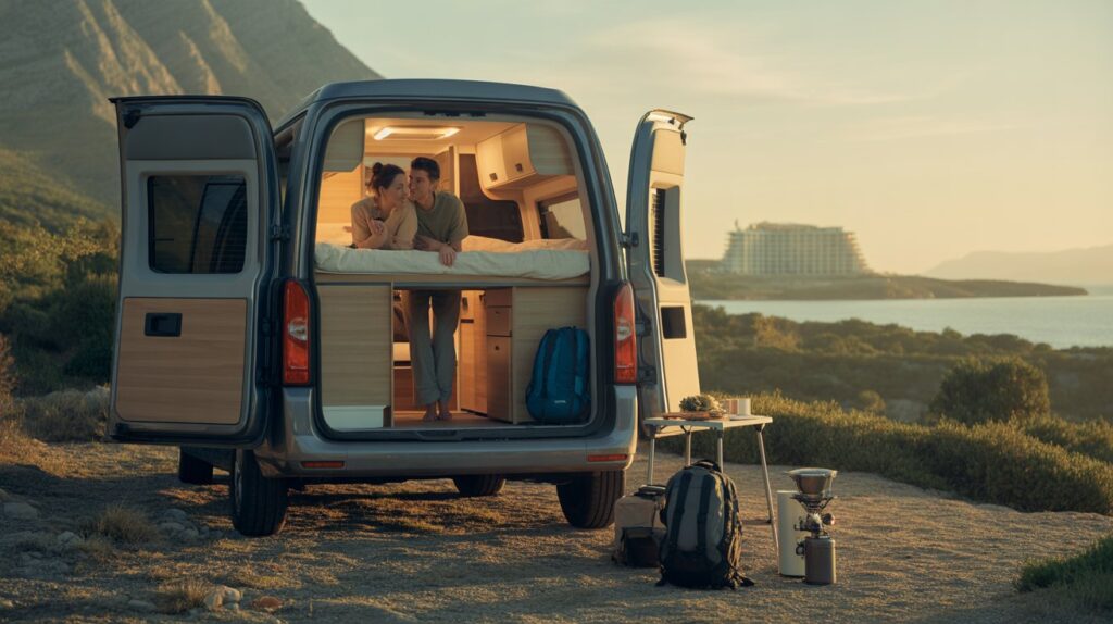 A couple relaxes together in the back of a cozy camper van, surrounded by soft cushions and warm lighting.