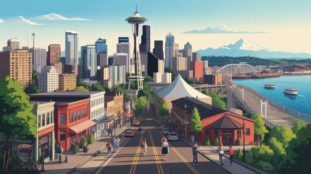 Illustration of Seattle's cityscape featuring iconic buildings and the Space Needle against a vibrant sky.