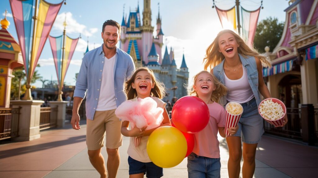 Spending a Week in Orlando: What Our Family Loved Most A family enjoying a day at Disney World, holding colorful balloons and munching on popcorn.