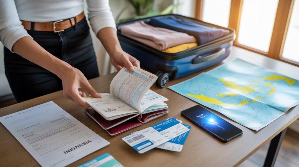 A woman holds a passport and a passport book, preparing for travel or identification verification.
