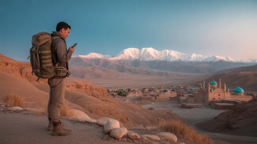 man with a backpack stands on a hill, looking at his phone against a scenic landscape.