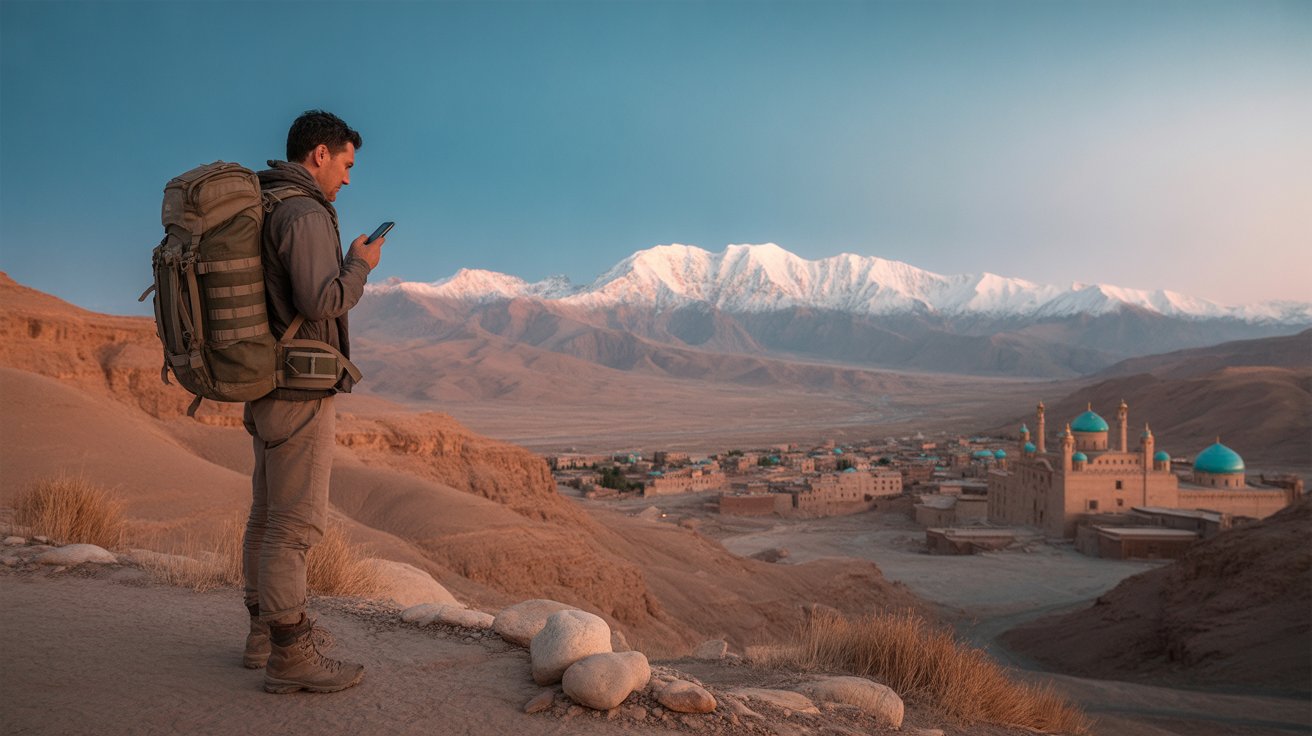 man with a backpack stands on a hill, looking at his phone against a scenic landscape.