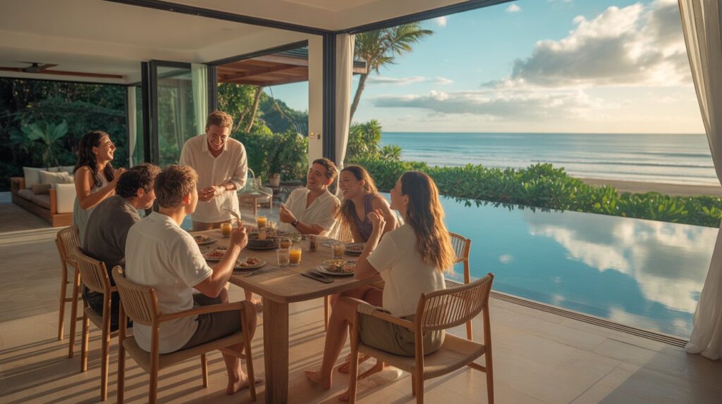 A group of people seated at a table by a large window, enjoying a view of the ocean outside.
