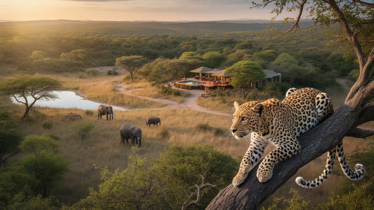 A leopard sits on a tree branch, gazing over the water below, surrounded by lush greenery.