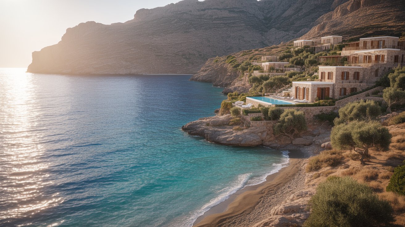 A stunning luxury villa overlooking the coast of Greece, featuring modern architecture and breathtaking sea views.