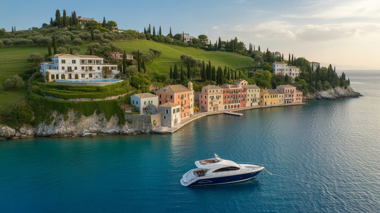 A boat sails on the water near a picturesque village, surrounded by lush greenery and calm waves.