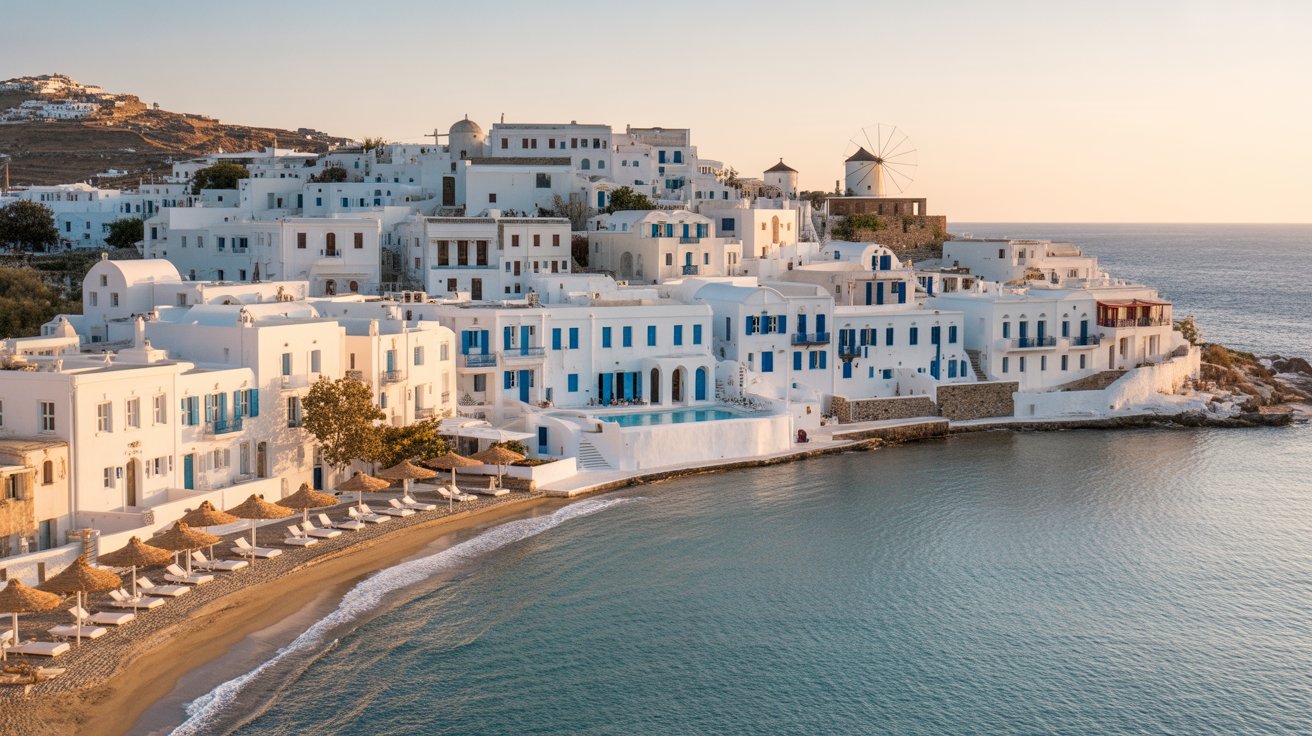 . Scenic view of Mykonos, Greece, featuring white buildings and blue sea under a clear sky.