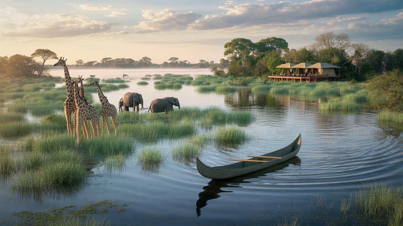 A boat floats in water, carrying a giraffe and several other animals, creating a whimsical scene.