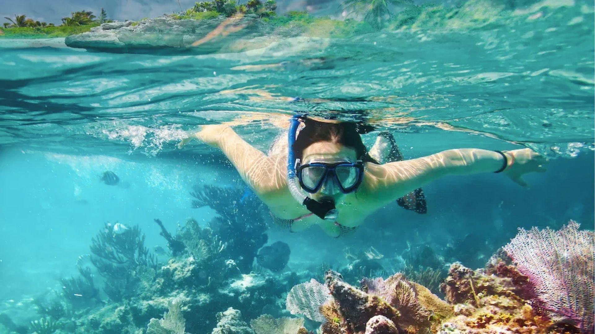 Split-shot of a snorkeler swimming over colorful coral reefs in turquoise water.