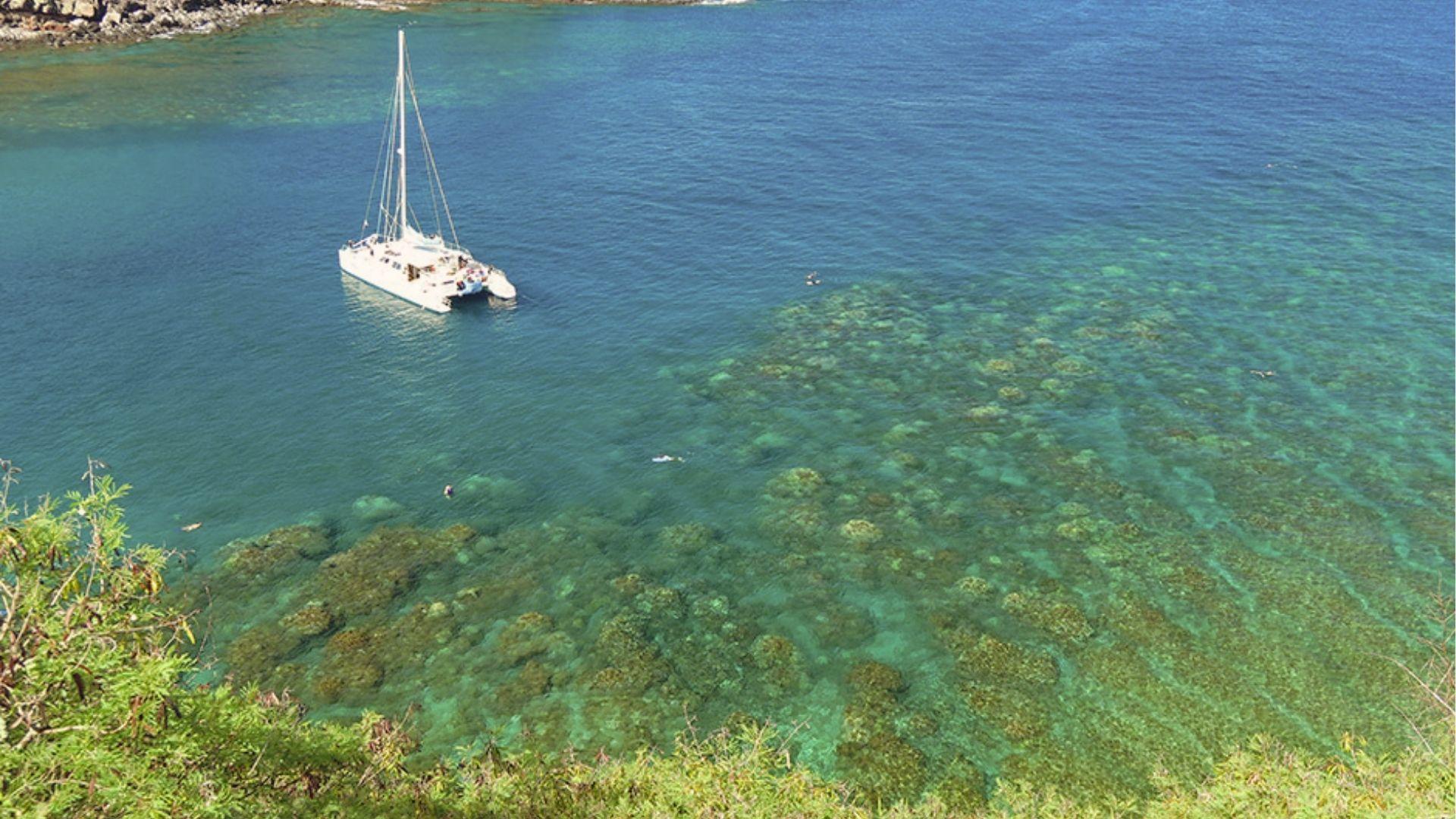 Aerial view of a sailboat anchored near vibrant coral reefs in clear blue water.
