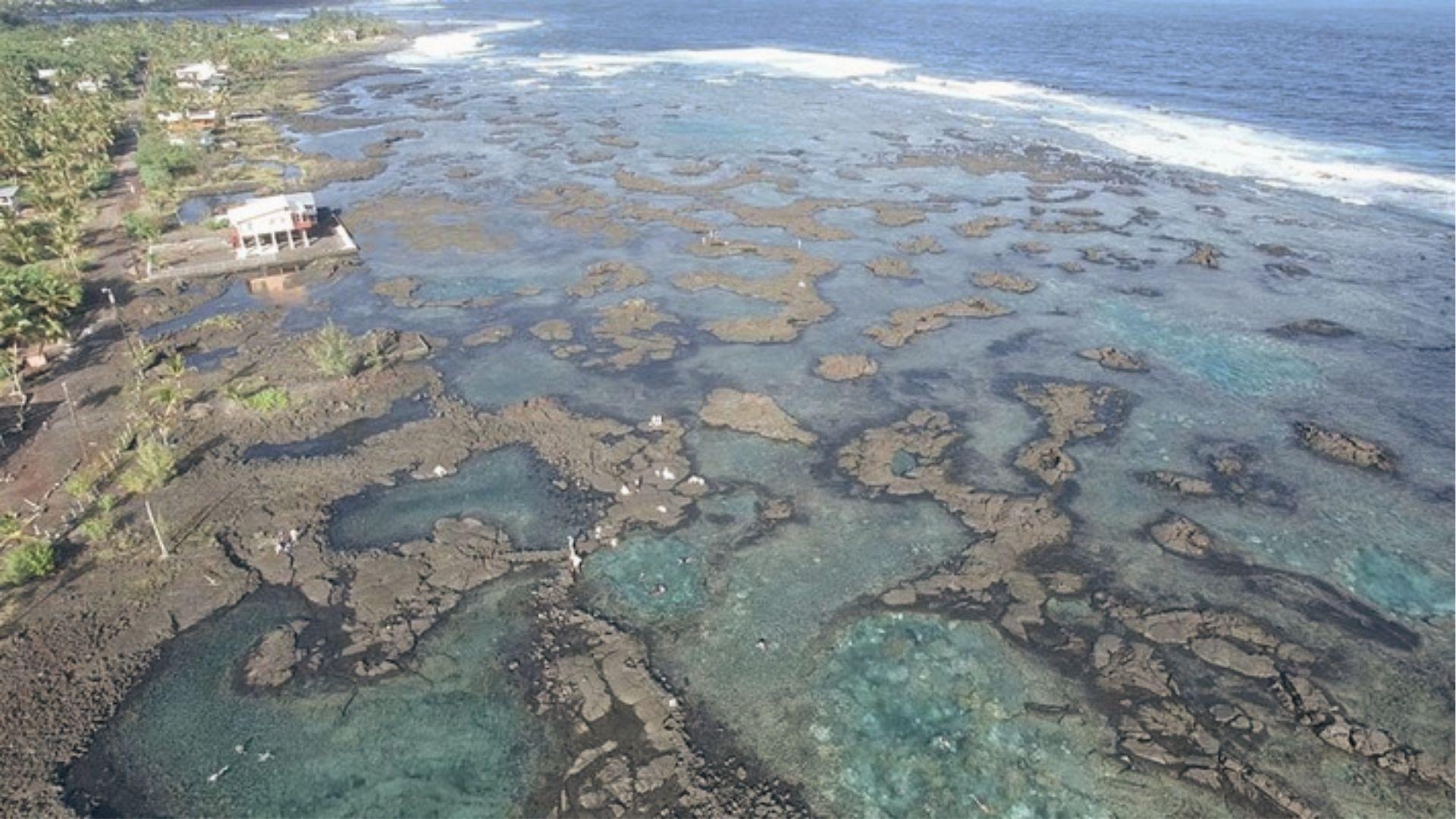 Aerial view of lava rock tide pools with snorkelers in clear turquoise water along Hawaii’s coast.