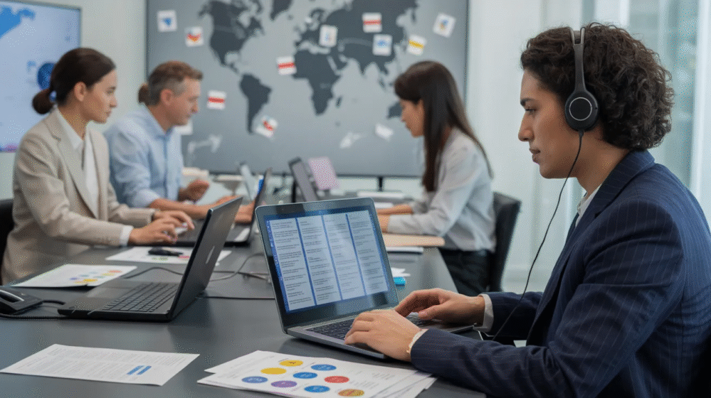A diverse group of professionals collaborating on laptops in a modern office environment.