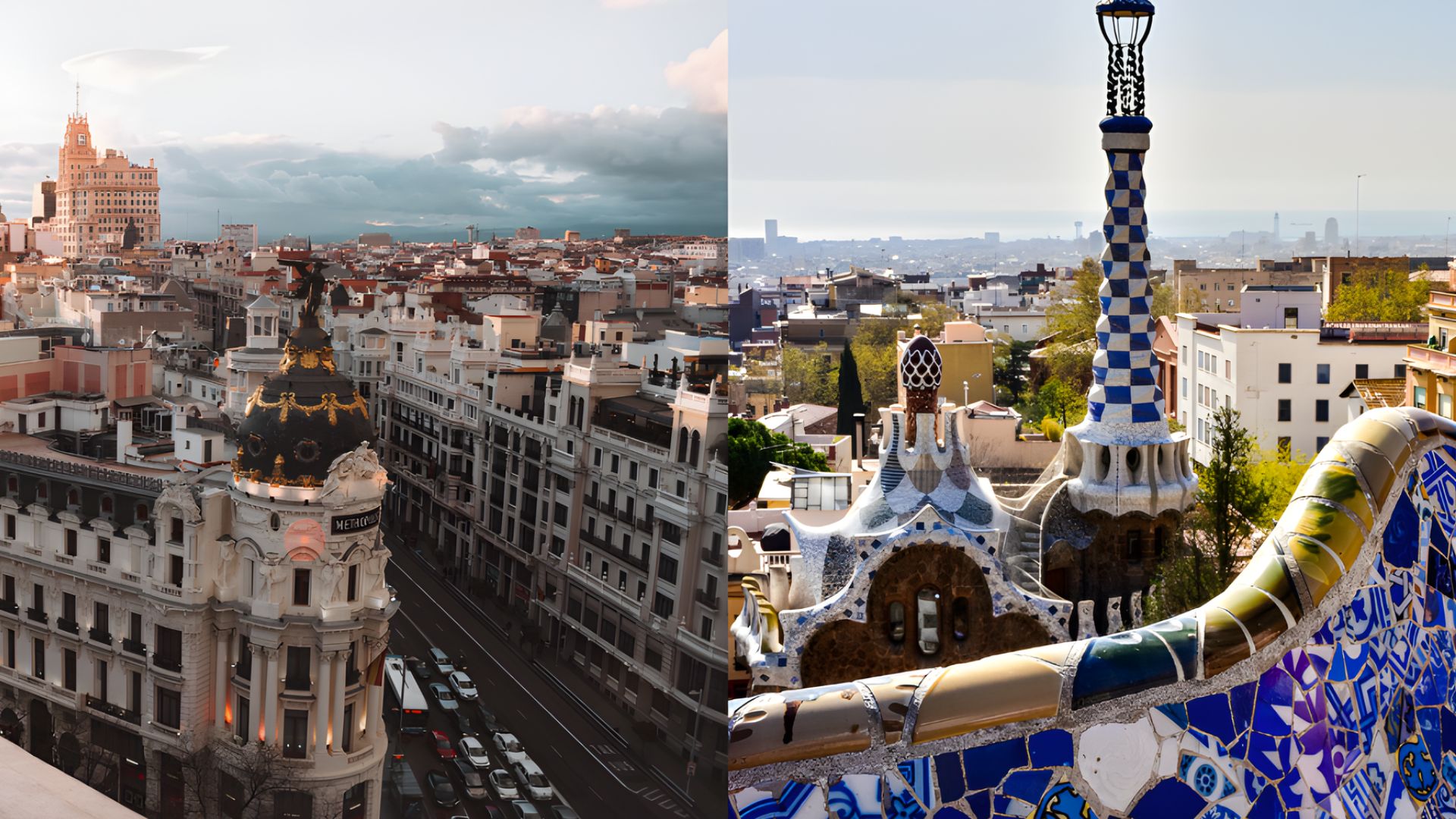 Split image of Spanish cities: Left shows Madrid's skyline with classic and modern architecture; right features colorful, mosaic buildings in Barcelona's Park Güell.