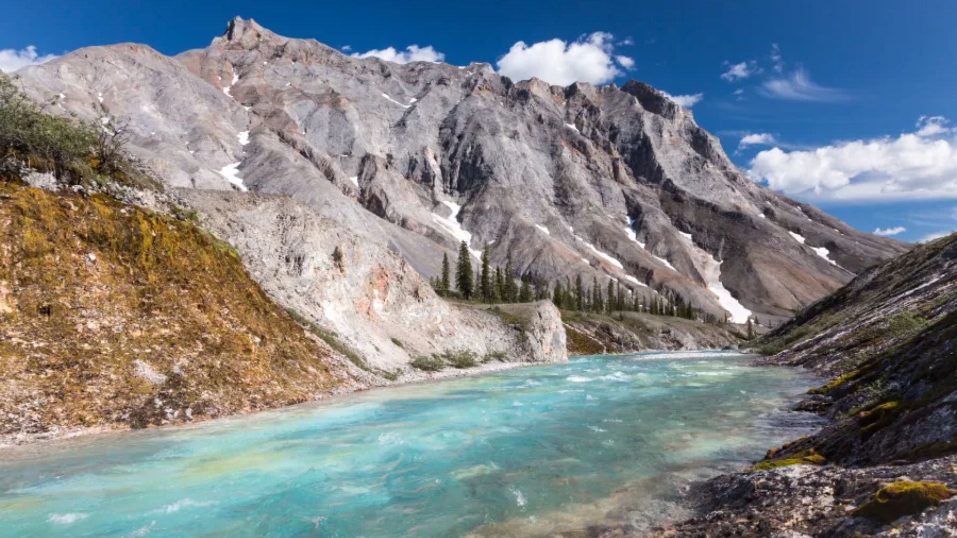 Turquoise river flowing through a rocky landscape with towering gray mountains and a line of evergreen trees under a clear blue sky with a few clouds.