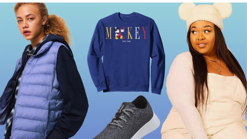 What to Wear to Disney Easy Packing Guide Two models showcase casual winter clothing against a blue gradient background. Items include a blue puffer vest, a Mickey Mouse sweatshirt, gray sneakers, and a cozy outfit with a white knit hat. The tone is trendy and comfortable.