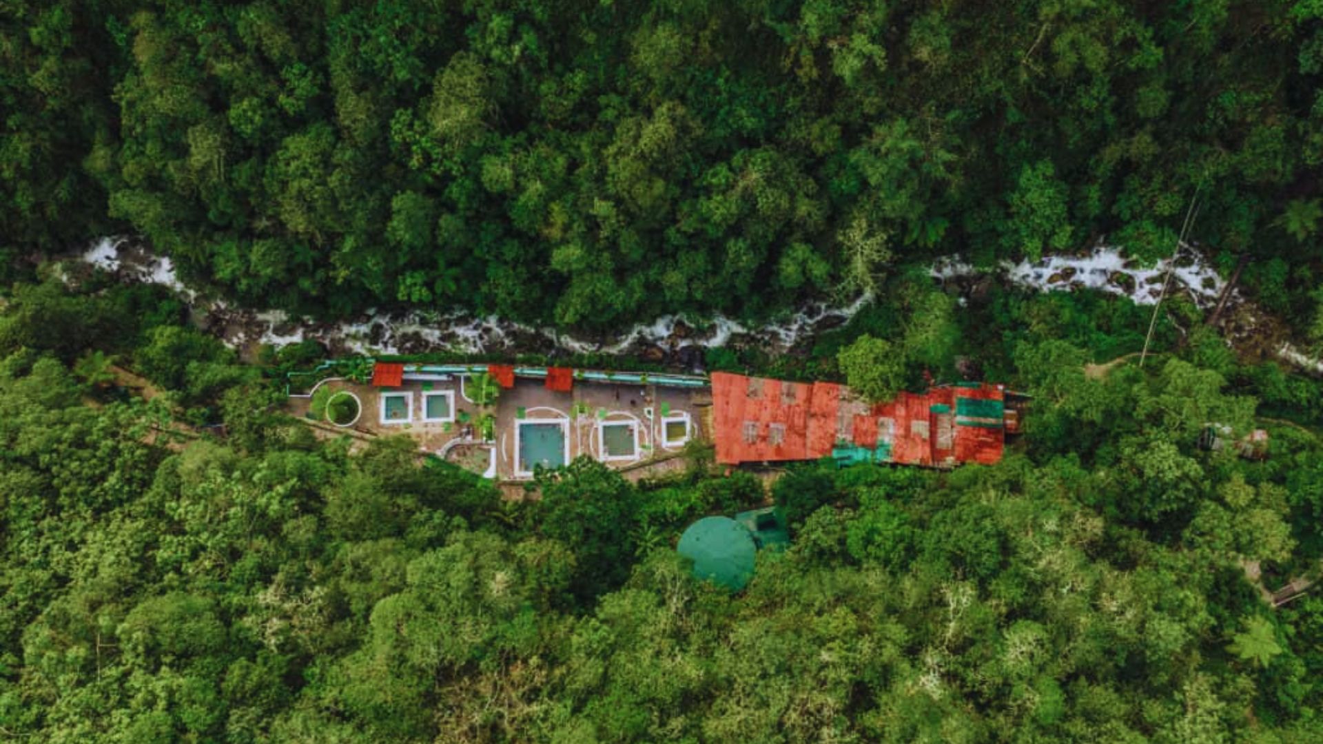 Aerial view of a house nestled among lush green trees, showcasing a serene natural setting.