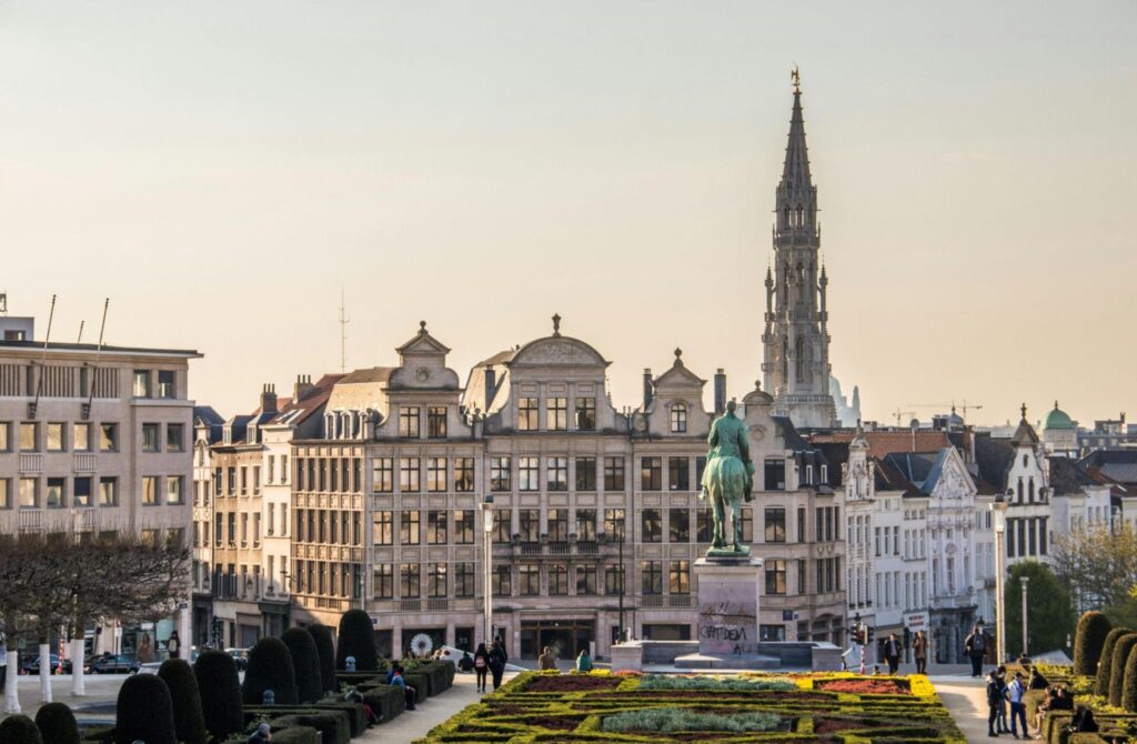 A panoramic view of Brussels, Belgium, showcasing its historic architecture and vibrant city life.