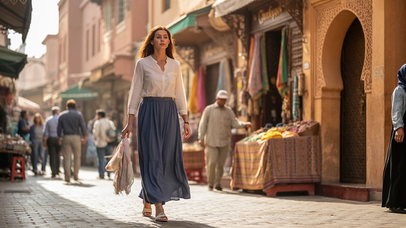 A woman walking along a city street, surrounded by buildings and urban scenery.