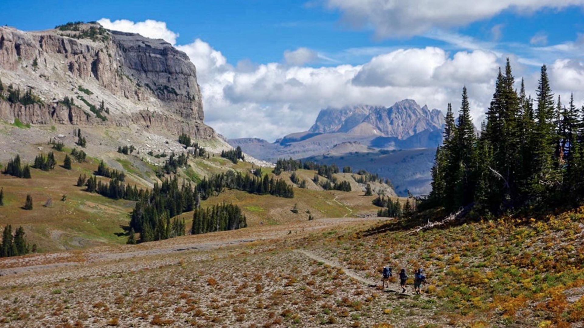 A scenic mountain landscape under a blue sky with scattered clouds. Hikers traverse a rocky trail surrounded by trees and distant rocky cliffs. Serene and adventurous.