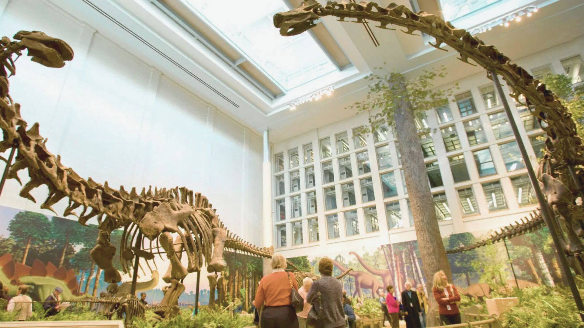 Museum exhibit featuring large dinosaur skeletons under a glass ceiling. People gather around, surrounded by murals and trees, conveying a sense of awe.