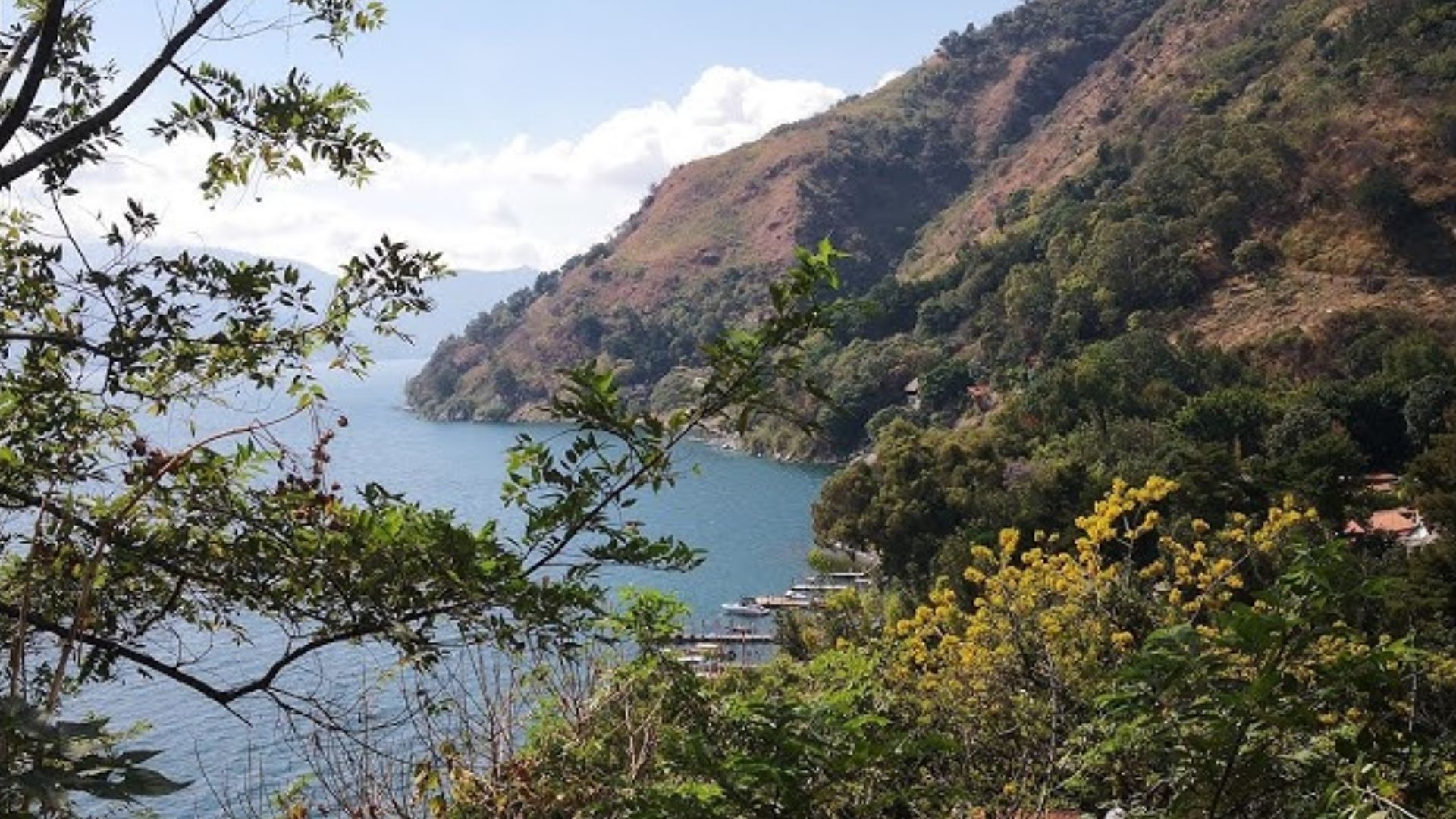 Scenic lakeside view with lush green trees framing a calm, blue lake. Hills rise in the background under a partly cloudy sky, evoking tranquility.