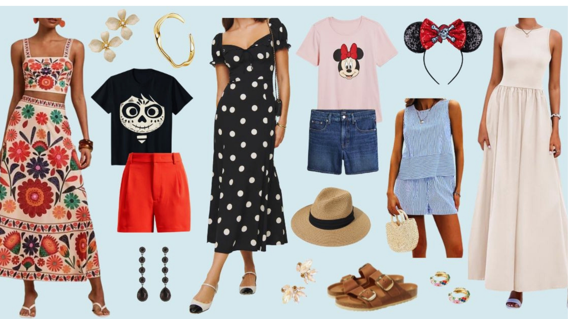 A collection of outfits on a blue background, featuring a floral sundress, polka dot dress, Minnie Mouse tee with shorts, and a long beige dress. Accessories include a straw hat, Mickey ears, hoop earrings, sandals, and a wicker purse, conveying a playful and stylish summer vibe.