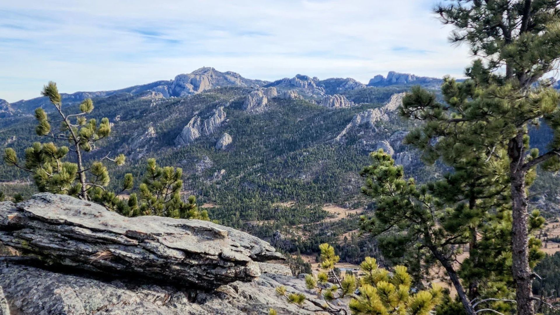 Rocky mountain landscape with rugged peaks under a clear blue sky. Foreground features evergreen trees and large rock formations, conveying a serene, natural atmosphere.