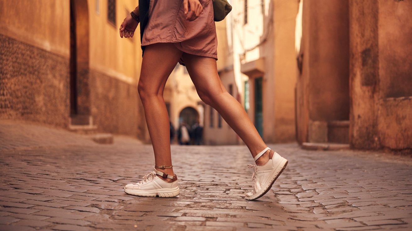 A woman in a pink dress strolls along a cobblestone street, surrounded by charming buildings and a sunny atmosphere.
