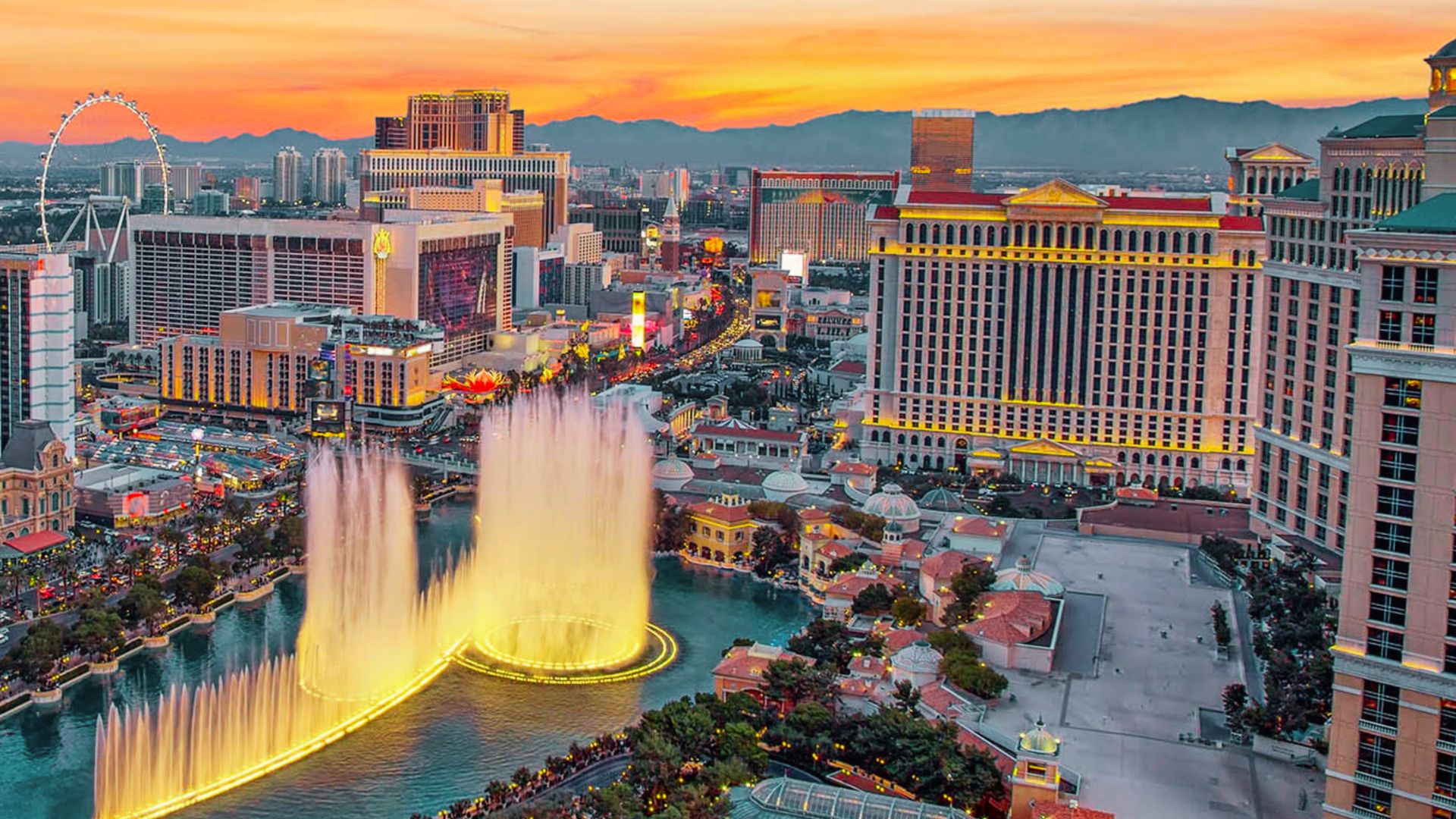 A vibrant view of Las Vegas, showcasing its iconic skyline and bright lights at night.
