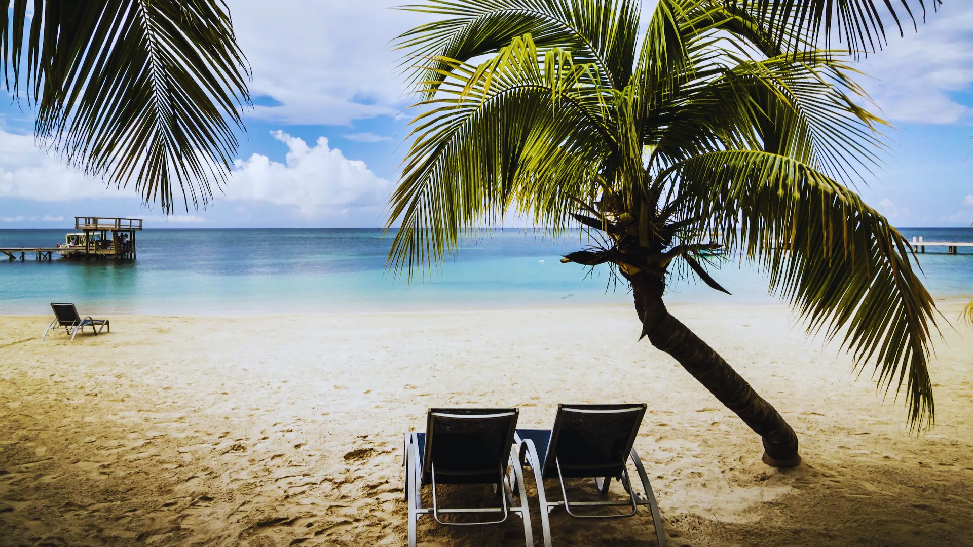 Tropical beach scene with two empty lounge chairs under a palm tree, facing a calm blue ocean. A pier extends into the water, evoking relaxation and serenity.