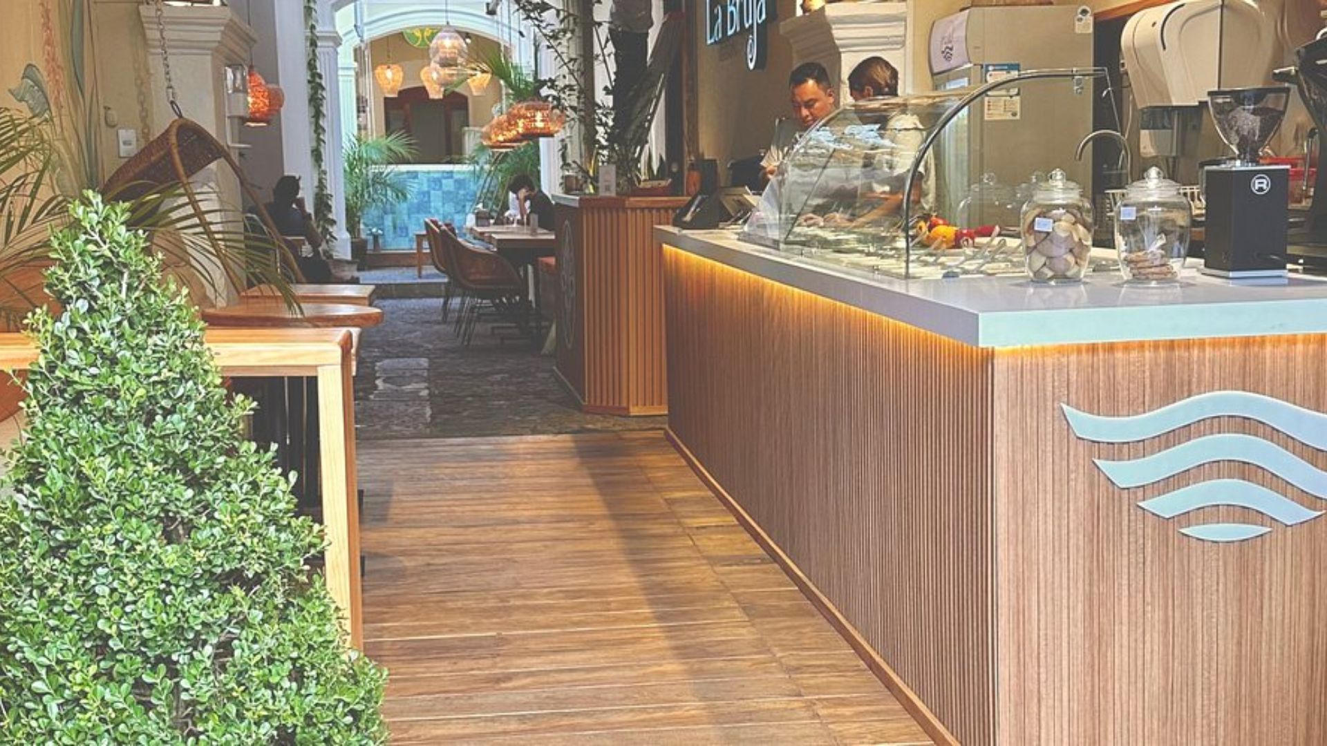 A cozy café interior with a wooden floor and counter, decorated with plants. A barista stands behind the counter serving pastries. Warm lighting creates a welcoming atmosphere.