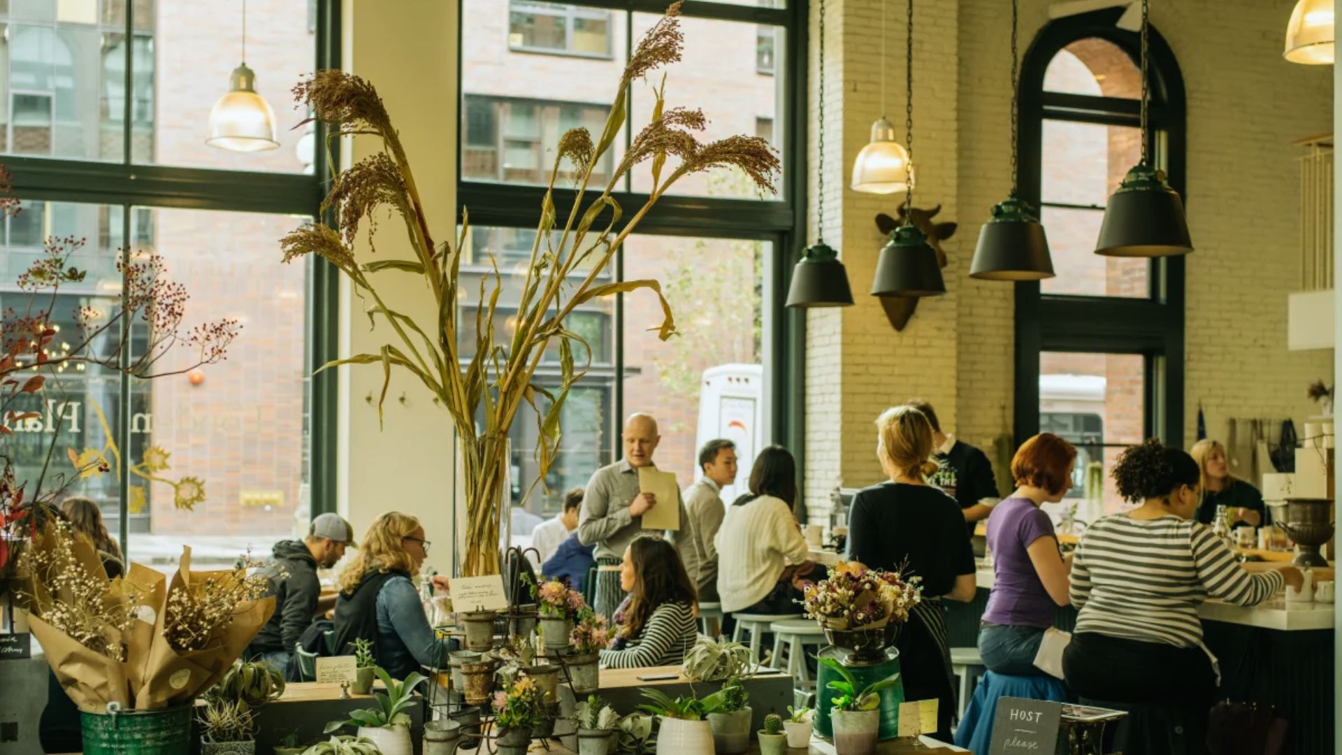 A cozy cafe with large windows, filled with people chatting and enjoying drinks. Abundant indoor plants and soft lighting create a warm, inviting atmosphere.
