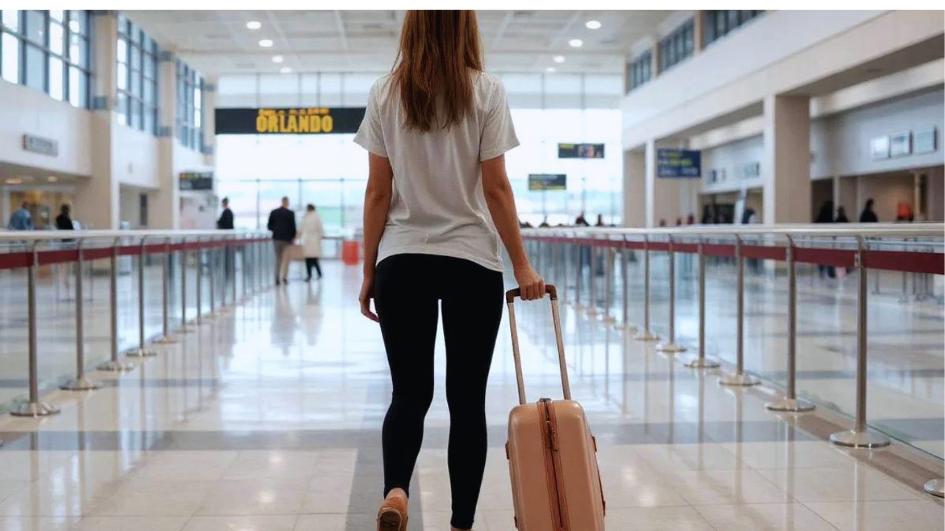 Woman in a white shirt and black leggings walks through a bright airport terminal, pulling a pink suitcase. A sign reads "Orlando" ahead.