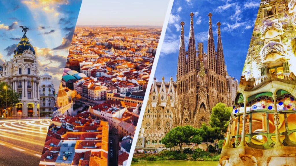 A vibrant collage depicts cityscapes of Madrid and Barcelona. Key landmarks include Madrid's Metropolis Building and Barcelona's Sagrada Familia, both under clear blue skies.