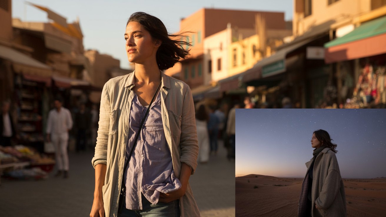 A woman in a blue shirt and jeans stands in a vast desert landscape under a clear sky.