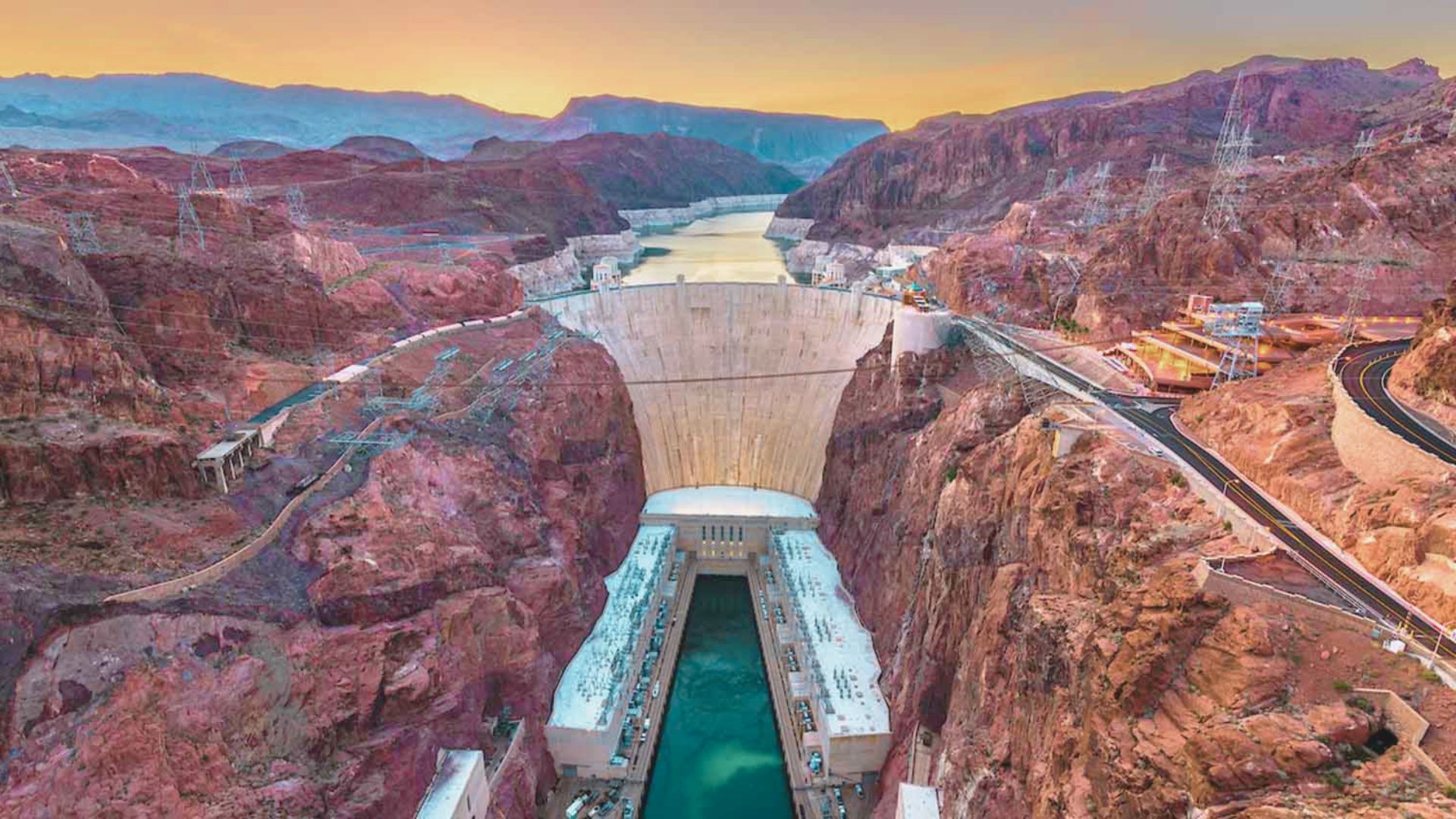 Hoover Dam, a massive structure on the Hoover River, showcases impressive engineering and scenic views of the surrounding landscape.