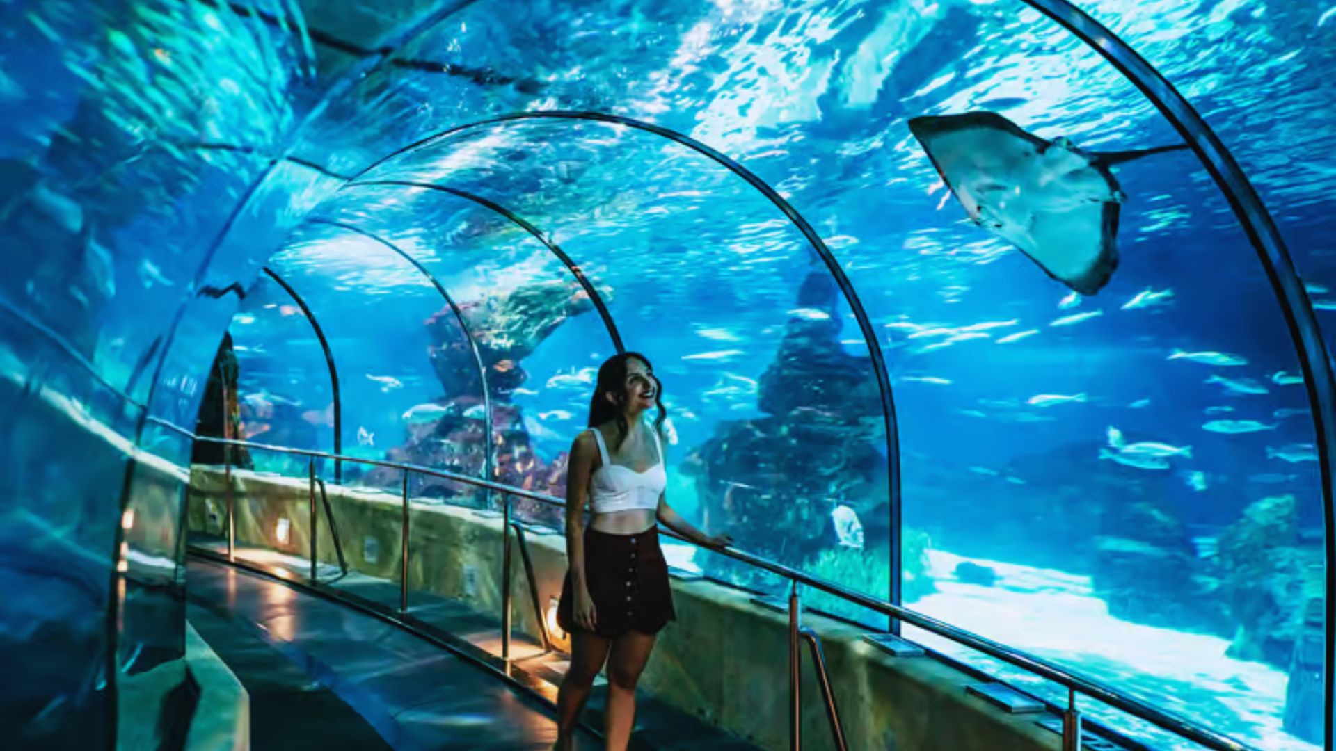A woman smiles while walking through an underwater tunnel in an aquarium. Above her, a stingray glides gracefully. The scene is serene and vibrant with blue hues.