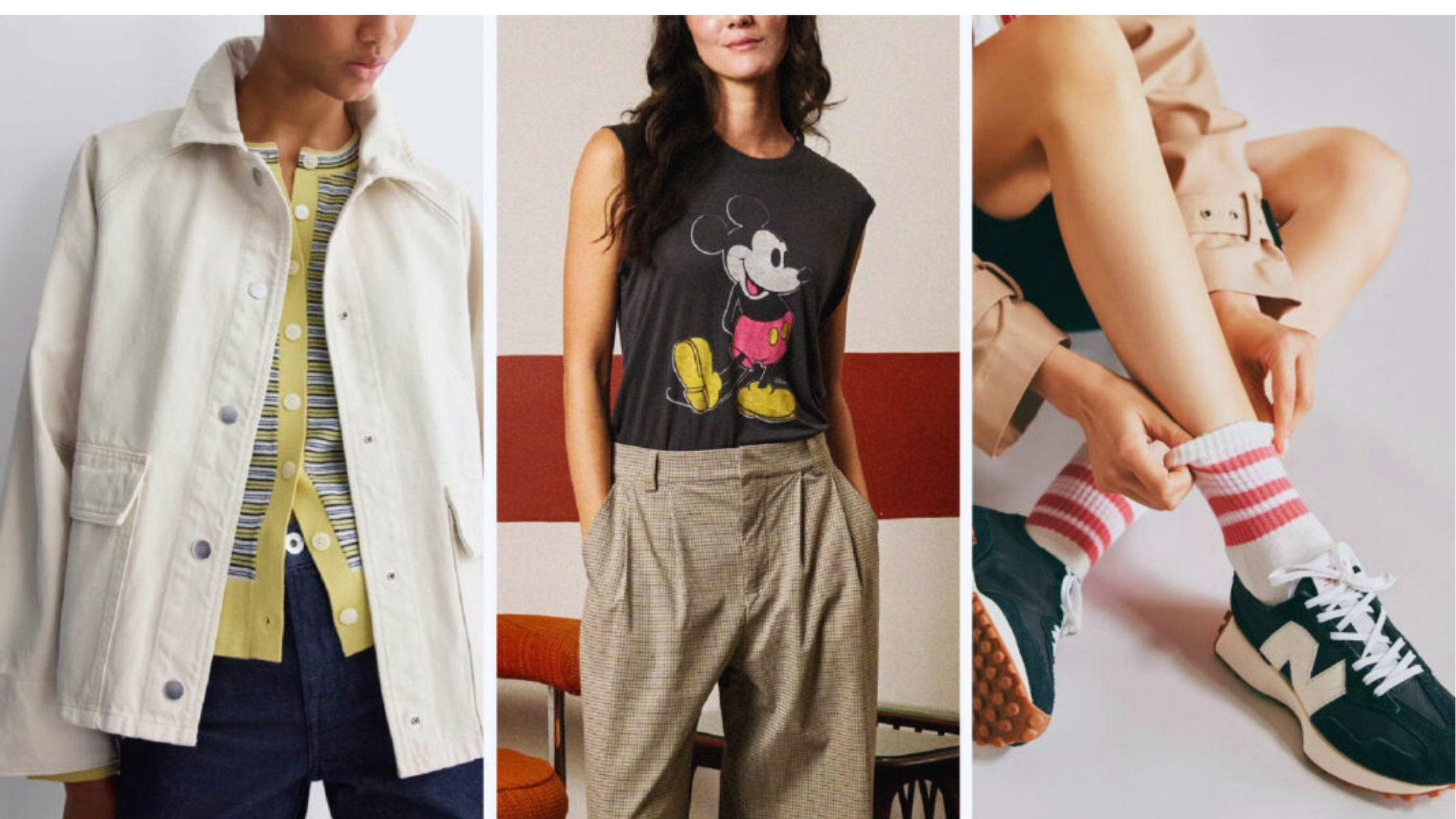 Three fashion styles: a person in a cream jacket with striped yellow top; a person in a Mickey Mouse tank and pleated pants; legs in white and red socks with green sneakers.
