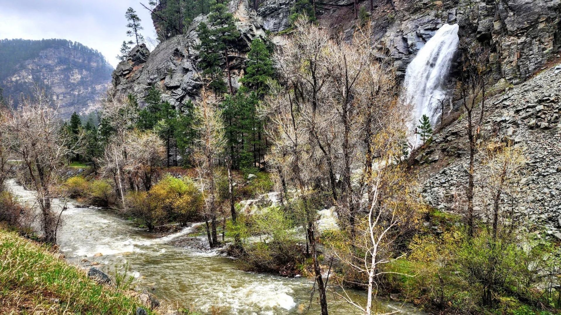 Mountain landscape with a waterfall cascading down rocky cliffs into a flowing river. Surrounded by sparse trees and lush greenery, under an overcast sky.