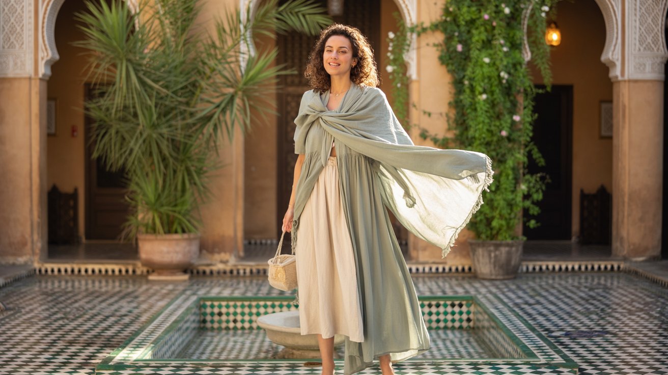 A woman in a long dress stands gracefully in front of a courtyard, surrounded by greenery and architectural features.
