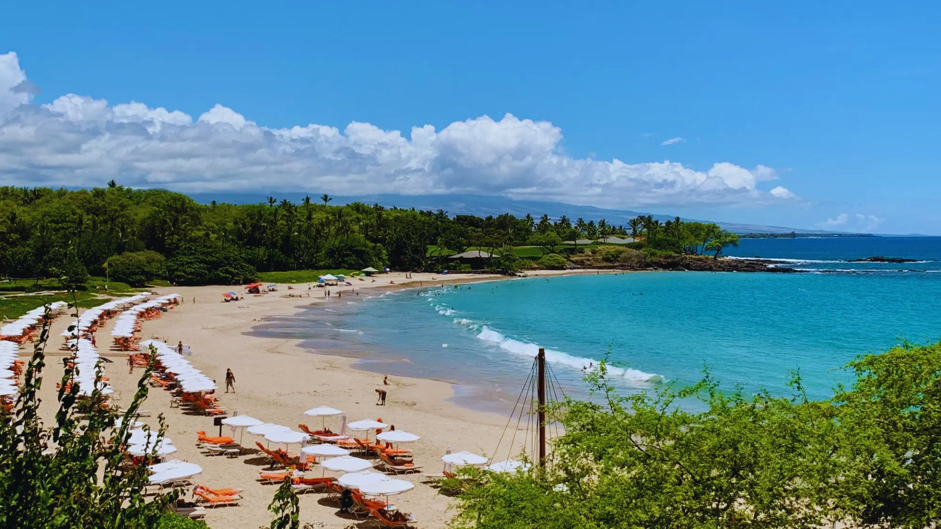 A sunny beach scene featuring colorful umbrellas and lounge chairs set up along the sandy shore.
