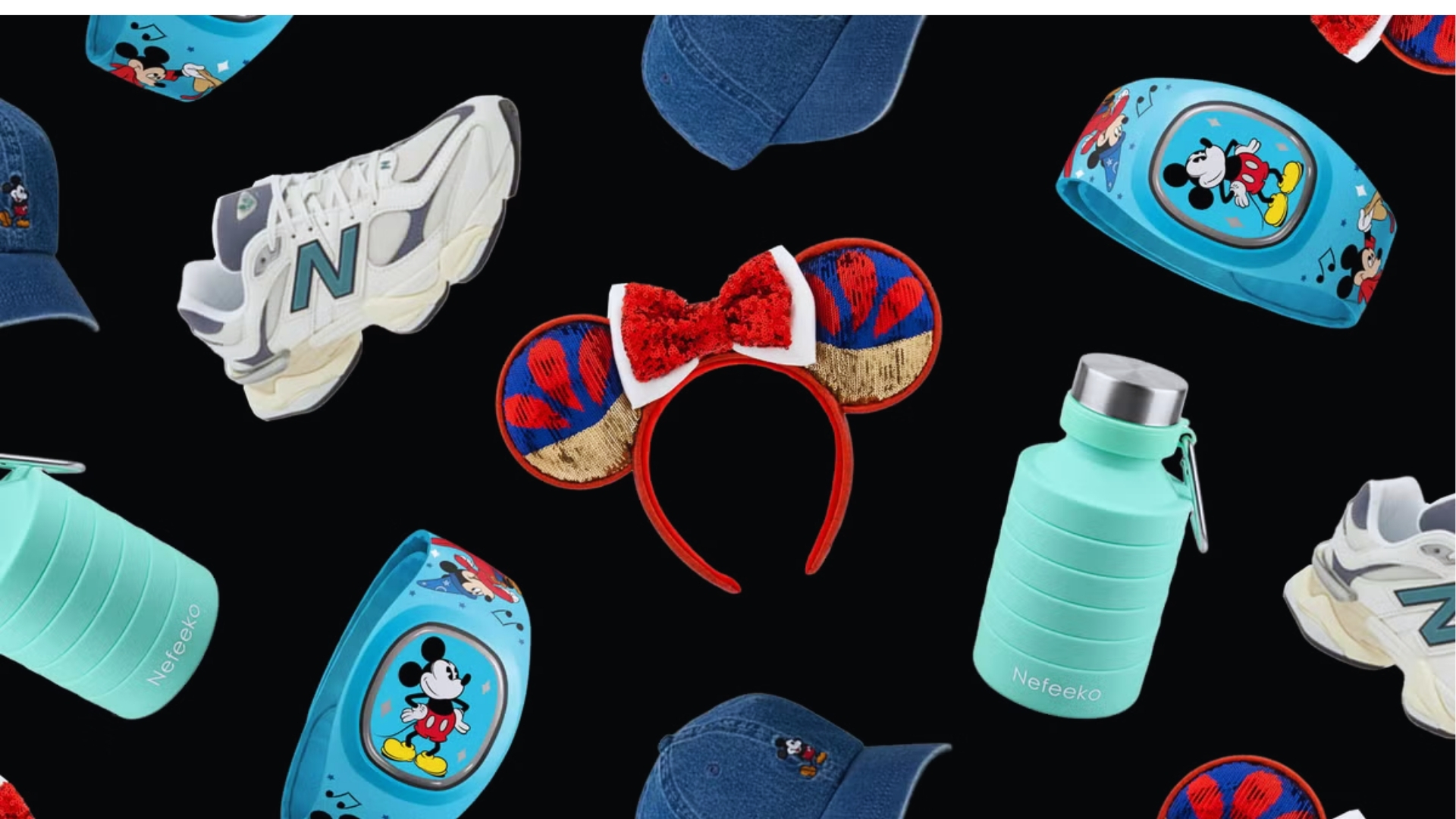 A collage of Disney-themed items on a black background, including Mickey Mouse ears, denim caps, sneakers, a Mickey wristband, and a turquoise water bottle. Playful and vibrant.
