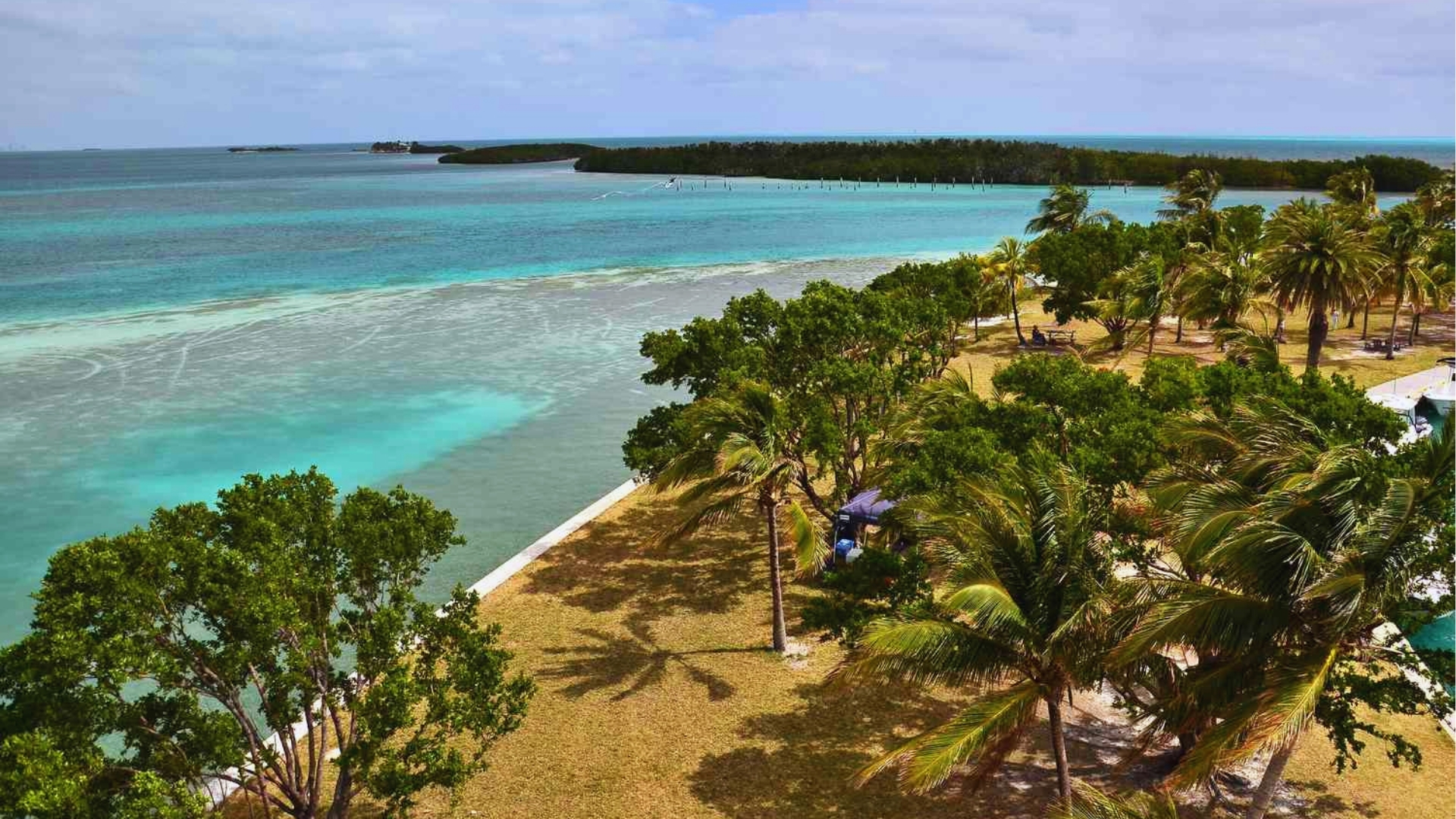 A scenic beach view featuring turquoise waters, lush palm trees, and a distant coastline under a partly cloudy sky, conveying a serene tropical vibe.