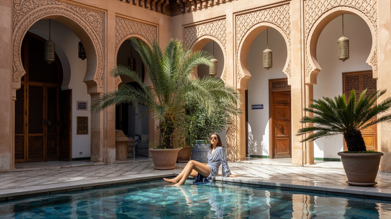 A woman relaxes in a pool within the courtyard of an old, historic building, surrounded by aged architecture.