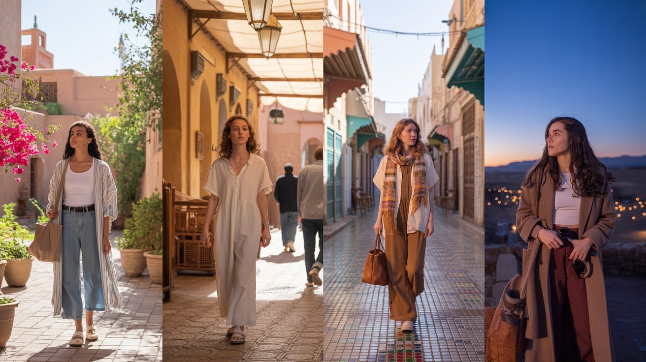 Four images of women walking down a street, showcasing diverse styles and interactions in an urban setting.
