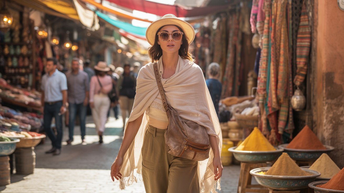 A woman wearing a white hat and sunglasses strolls through a vibrant outdoor market filled with various stalls.