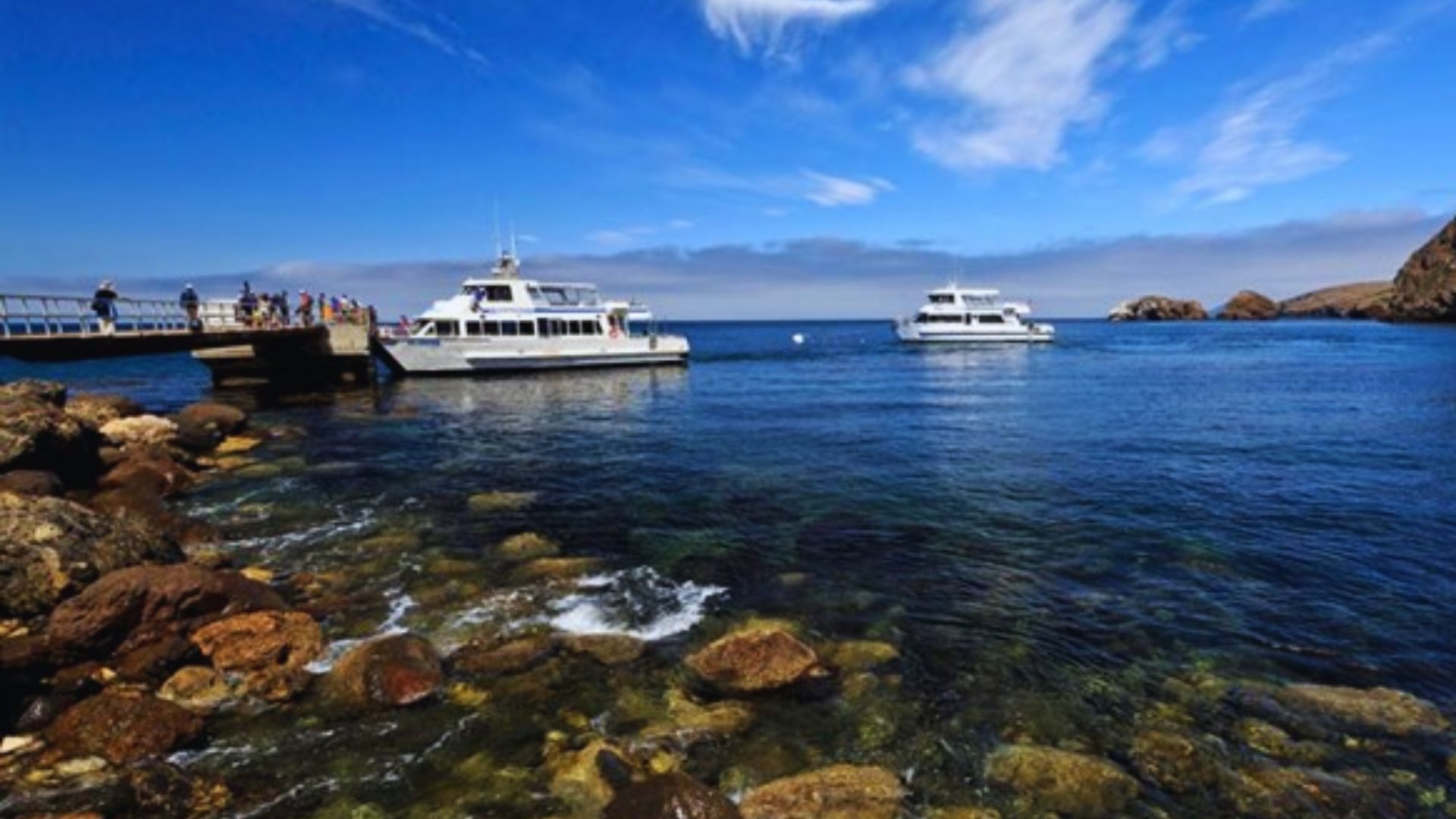 Three boats are docked at a pier, gently swaying in the ocean under a clear blue sky.